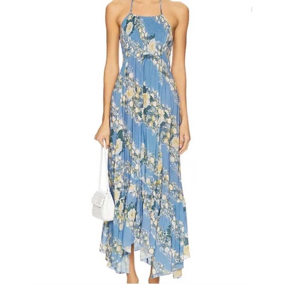 Free People Revolve Size Large HeatWave Blue Floral Print Smocked Maxi Dress NEW - Picture 3 of 15